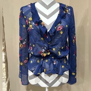 EXPRESS Blue Sheer floral blouse with ruffles, EUC!